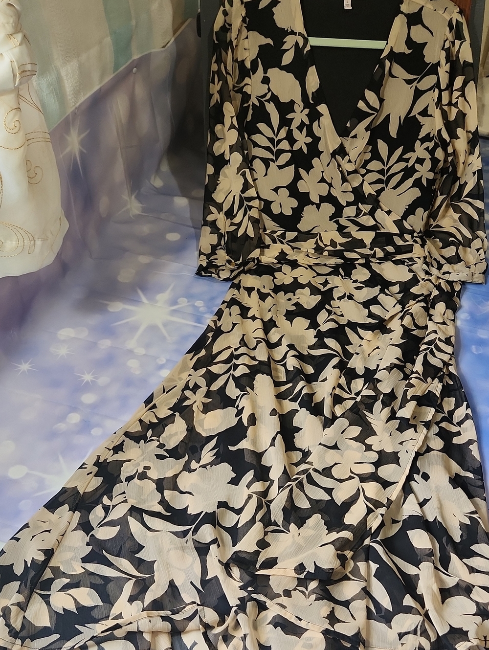 Floral Faux Wrap Maxi Dress in Black & Beige